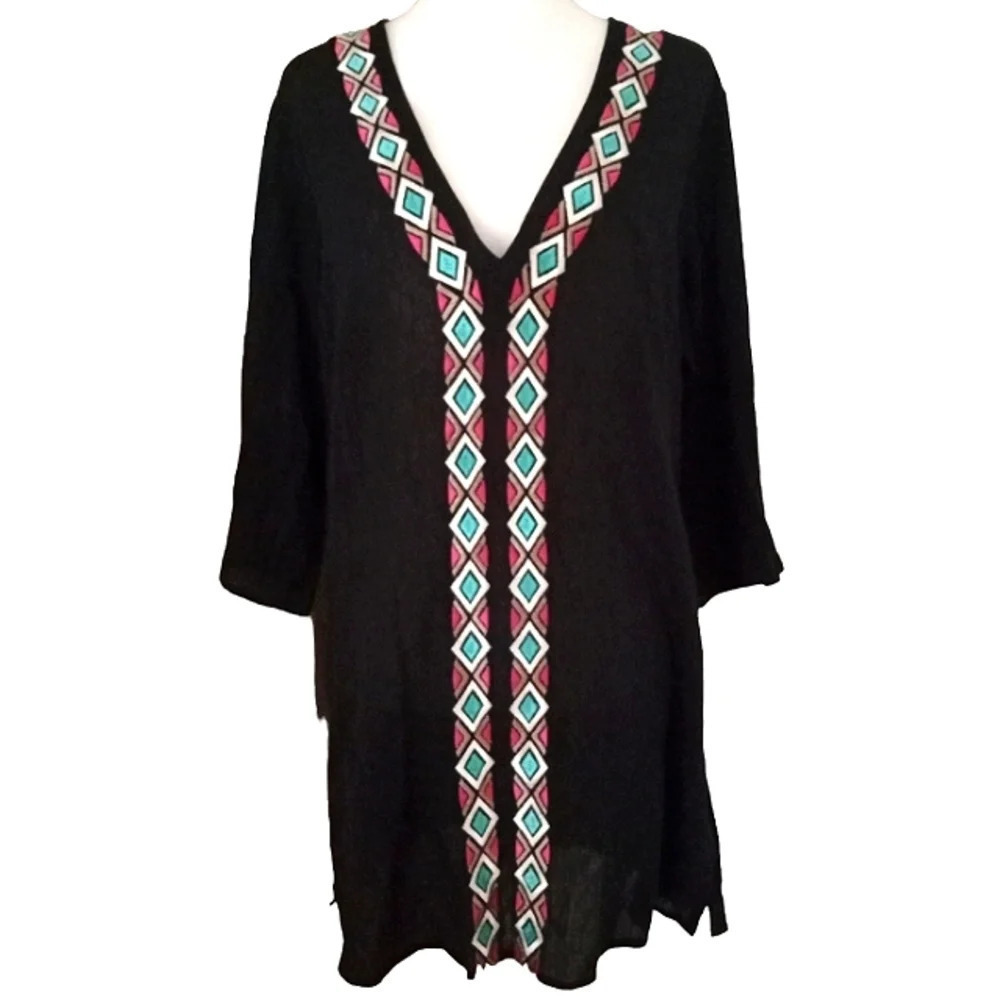 La Blanca Black 100% Cotton Gauzey‎ Embroidered Front Swim Cover Size Medium